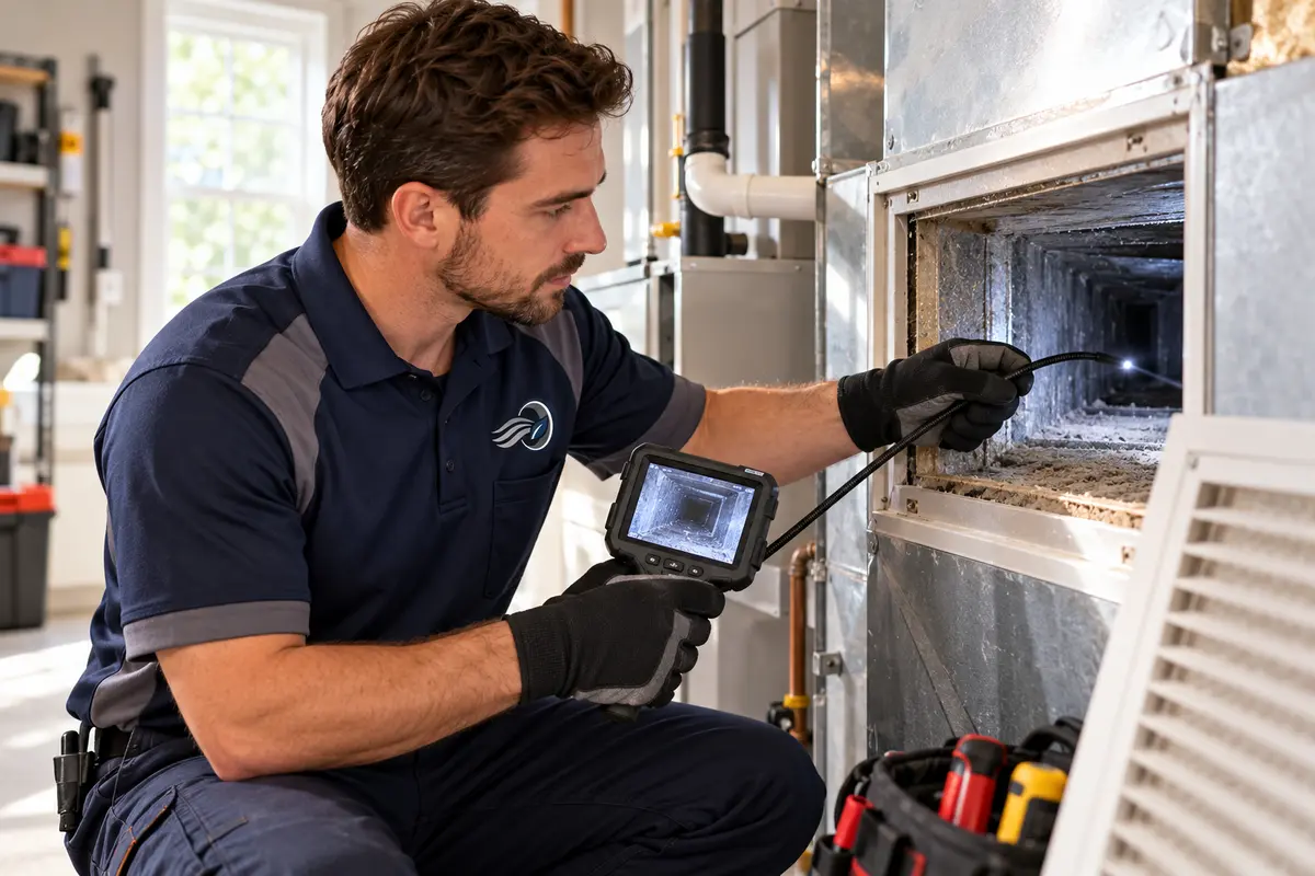 Technician inspecting an accessible home air duct