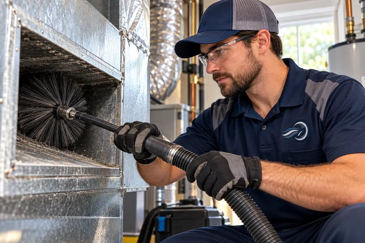 Technician brushing a residential air duct