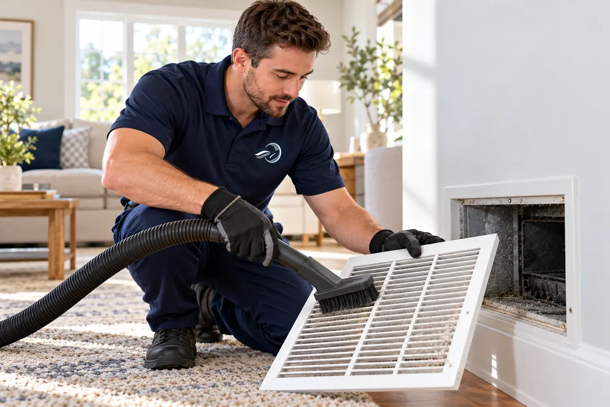 Technician cleaning a home return air grille