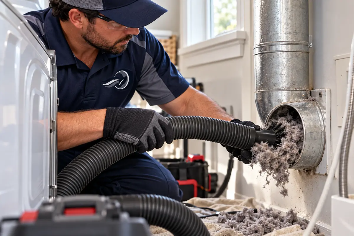 Technician removing lint from a dryer exhaust vent