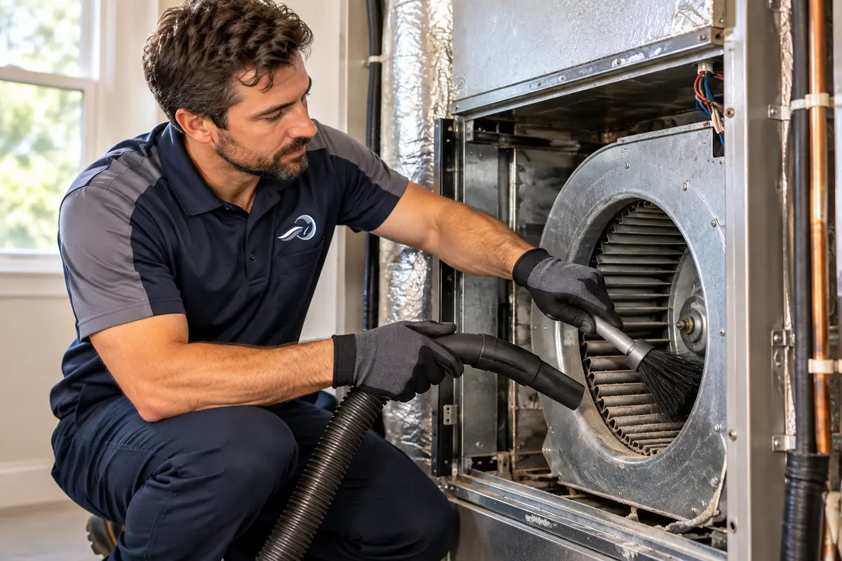 Technician cleaning an HVAC blower compartment