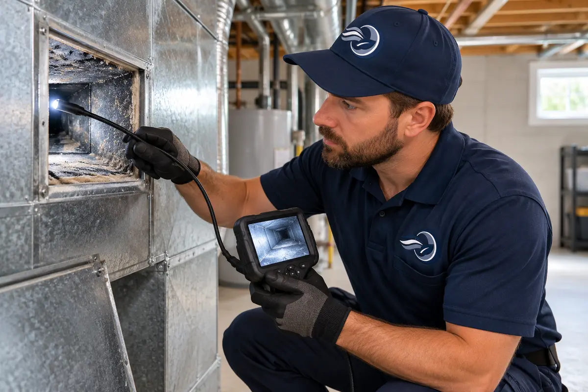 Technician inspecting ductwork with a camera