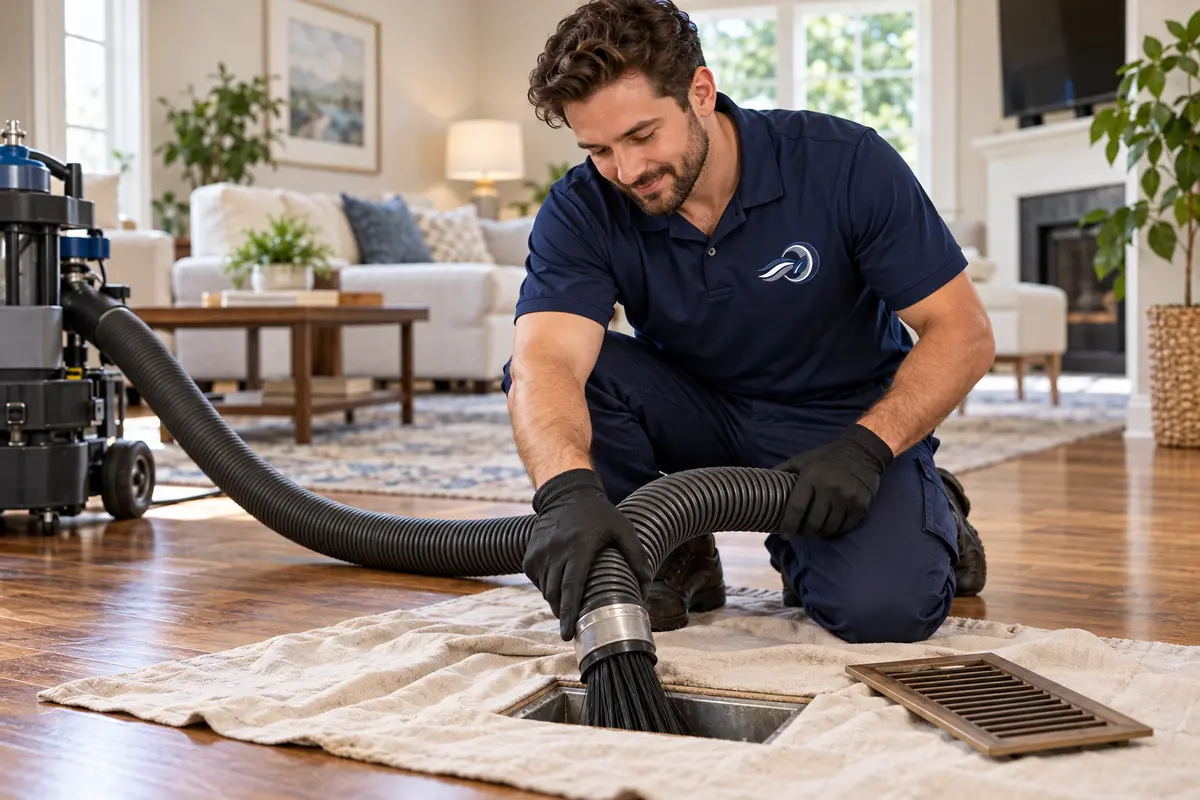 Technician cleaning a floor vent in a living room